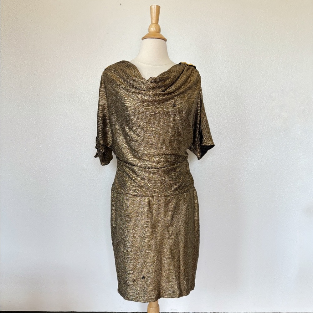Y2K Gold & Black Short Sleeve Embellished Blouse Style Cocktail Dress